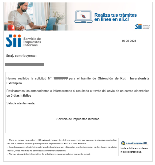 Correo que manda el SII cuando se introduce el RUT de Inversionista Extranjero