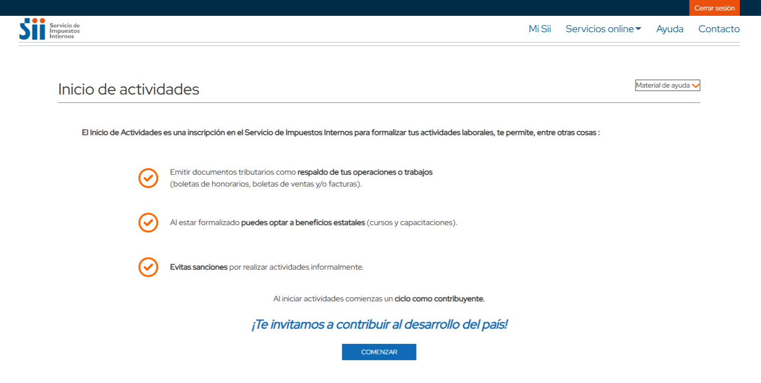 Menú del inicio de actividades
