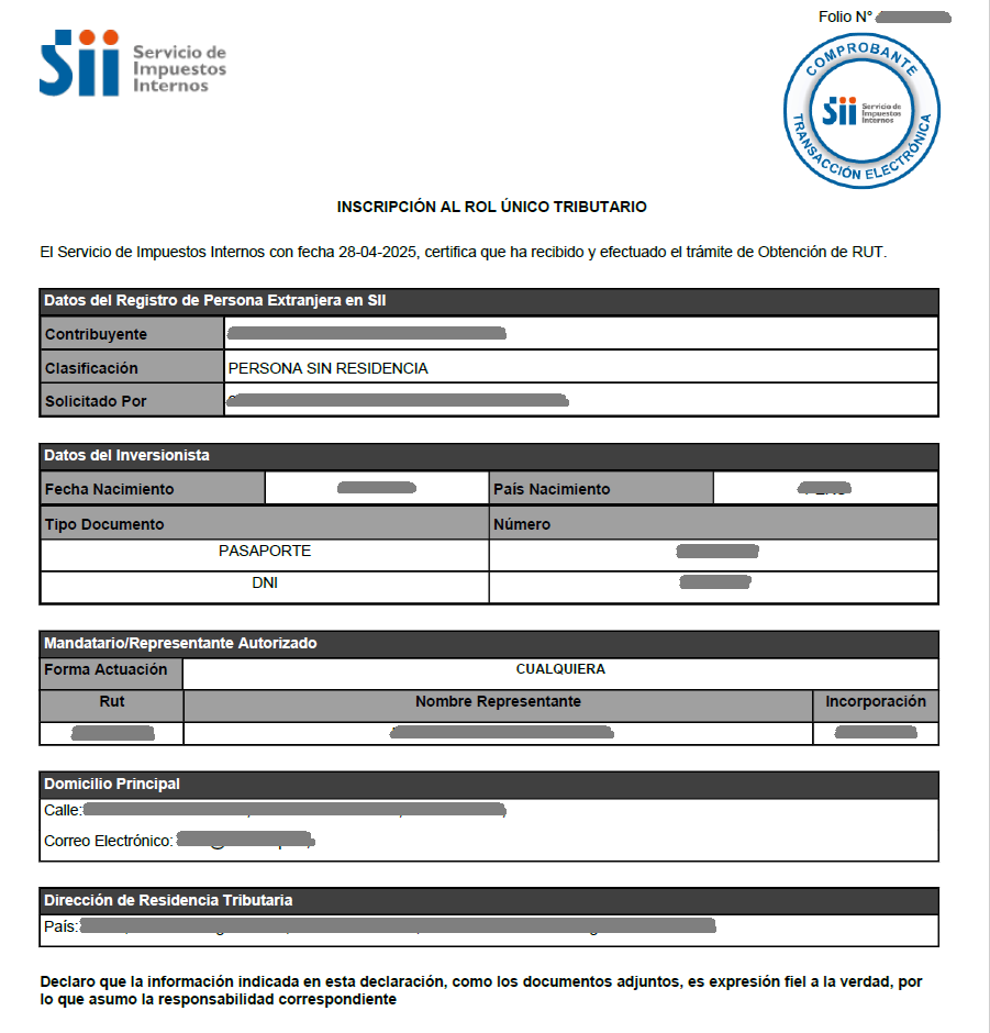 RUT de Inversionista Extranjero Otorgado