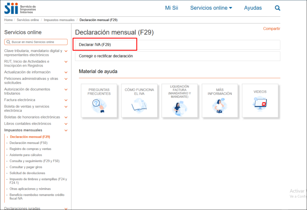 Declaración mensual F29