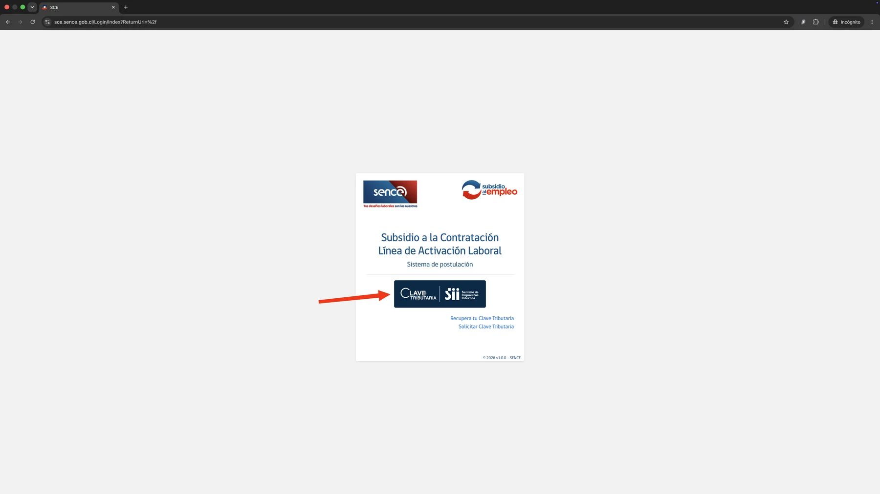 Pantalla de acceso al sistema de postulación SENCE mediante Clave Tributaria del SII