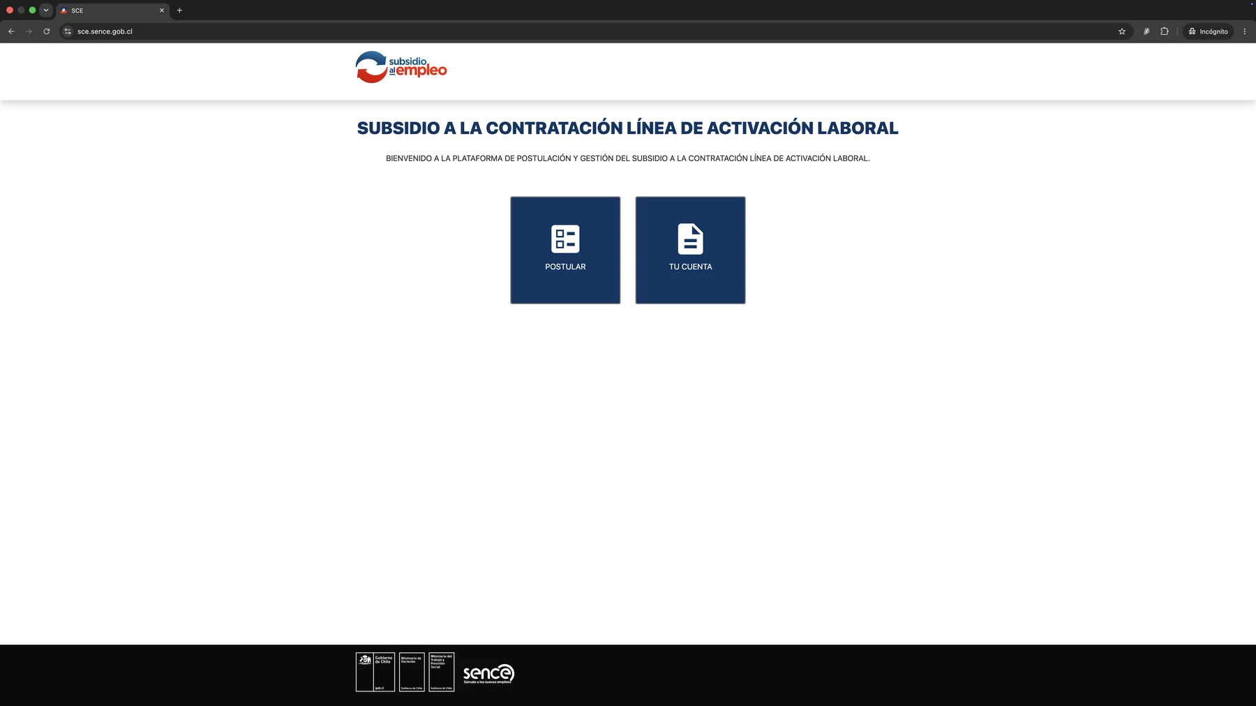 Menú del portal SENCE con las opciones Postular y Tu cuenta, sin datos de identificación de la empresa