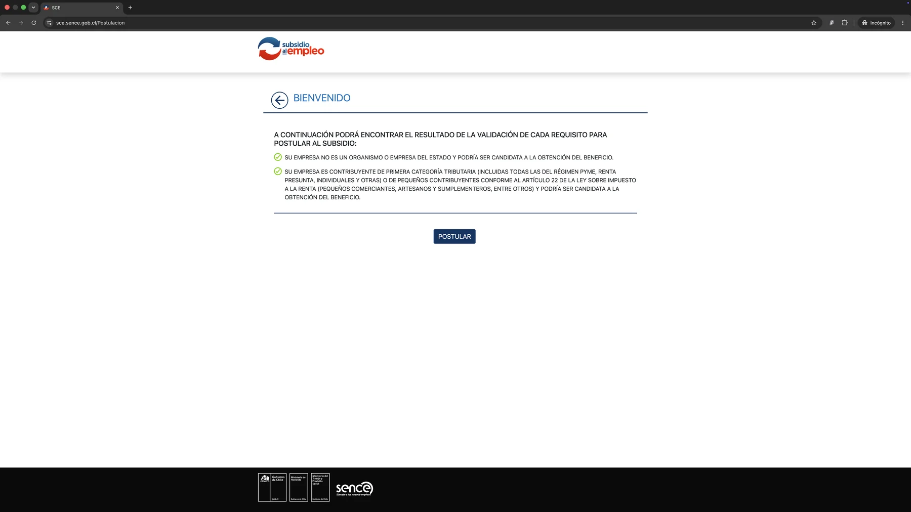 Validación preliminar de requisitos de empresa en la plataforma de postulación SENCE, con identidad anonimizada