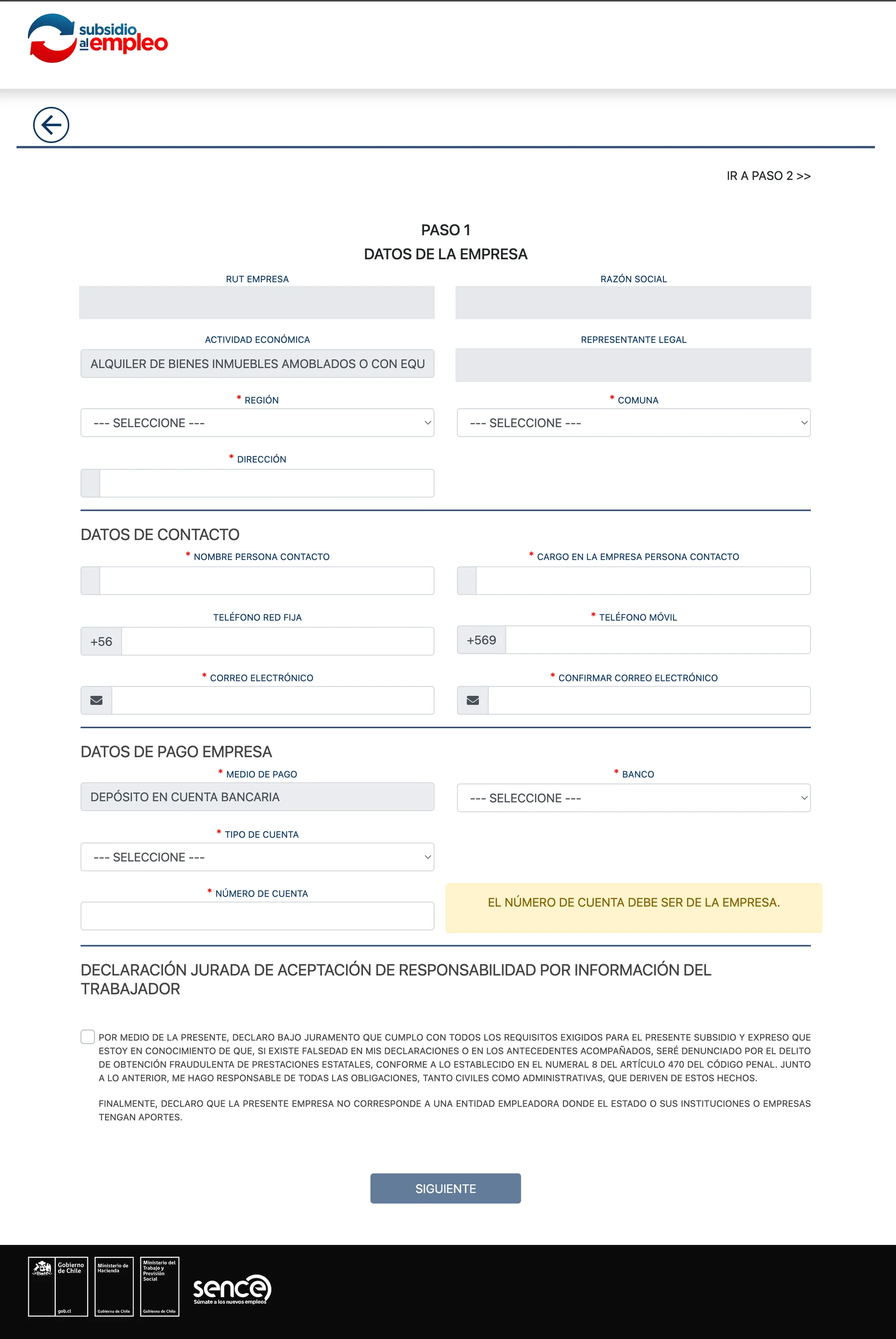 Formulario del Subsidio a la Contratación SENCE para completar datos de empresa, contacto y pago, con información sensible anonimizada